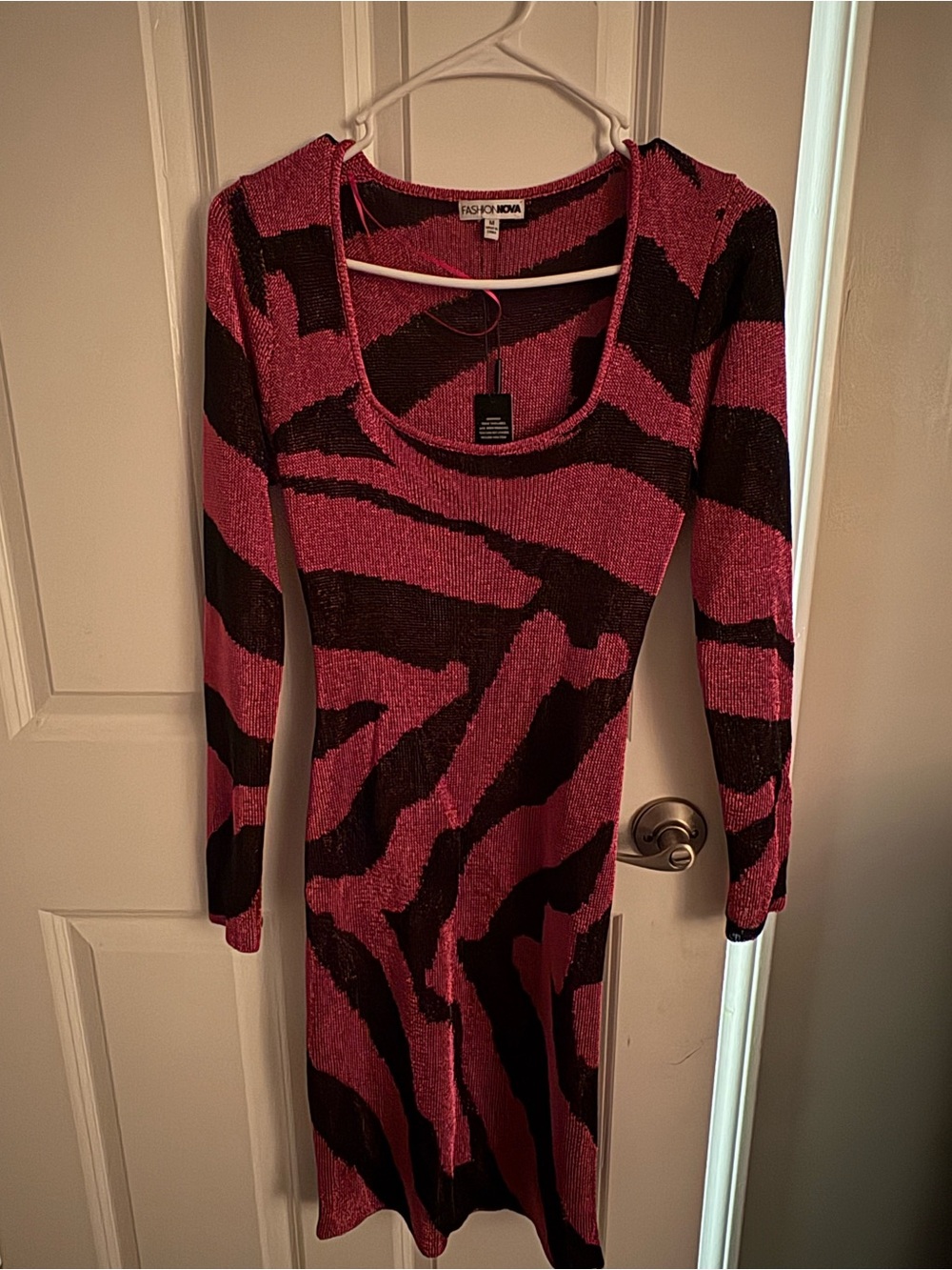 Fashion Nova Black & Hot Pink Zebra-Stripe Long Sleeve Dress